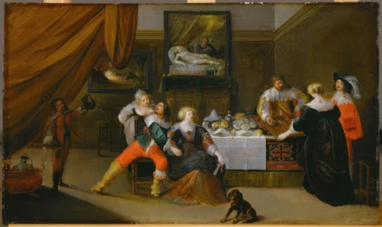 Gezelschapsscène met een schilderij van Danaë op de achtergrond