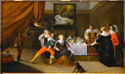 Societyscène, een foto van Danae op de achtermuur (schilderij op eikenhout)