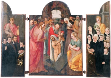 Drieluik: de opwekking van Lazarus in het centrale compartiment met een knielende mannelijke schenker, gepresenteerd door St. Jacob en zijn zonen op de linker vleugel, zijn vrouw knielend, gepresenteerd door St. Catharina en haar dochters op de rechter vle