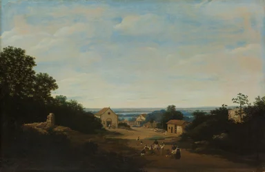 Braziliaans landschap met het dorp Igaraçu. Links de kerk van Sts Cosmas en Damian