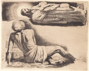 Proefplaat: Liggende man en een Christusfiguur bovenaan