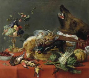 Gedekte tafel beladen met wild, fruit, groenten en een zwijnenkop