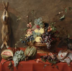 Stilleven met fruit en een dode haas