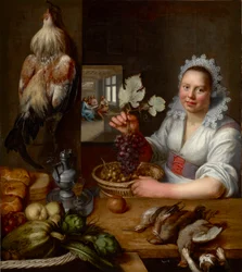 Keukenscène met Christus in Emmaus, door Snyders (Snijders), Frans (1579-1657). Olie op doek, Tussen 1615 en 1620. Afmeting: 114,5x102 cm. Muzeul National Brukenthal, Sibiu