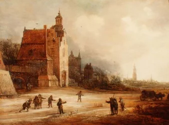 Soldaten die kegelen op een weg, Breda op de achtergrond