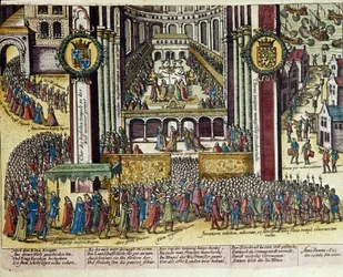 Kroning van koning Jacobus I van Engeland (1566-1625) in de kathedraal van Westminster op 25/07/1603. 1653. Prent door Franz Hogenberg (1535-1590). Prentenkabinet, B.N., Parijs.