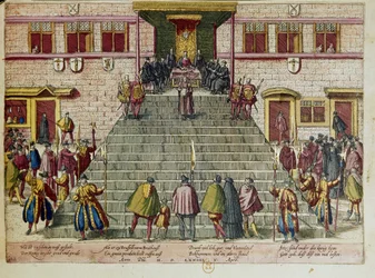 Voorlezing van de akte van gratie op 05/04/1574 in Brussel: Willem I van Oranje-Nassau, Prins van Oranje, bijgenaamd Willem de Zwijger (1533-1584) initiator van de opstand tegen Filips II van Spanje bekend als de Tachtigjarige Oorlog die culmineerde in de