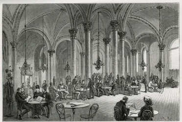 Het centrale café in Wenen (Oostenrijk). Gravure door Kollarz, ter illustratie van het verhaal Wenen en zijn voorsteden, door M. Newlinski, 1881, gepubliceerd in 