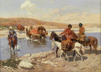 De rivier oversteken (olieverf op doek)