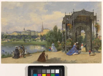 Stadspark met ijzeren paviljoen en uitzicht op de stad