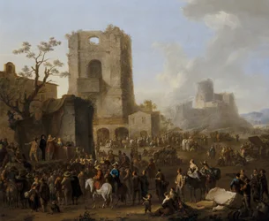 Een Italiaans stadsgezicht met figuren die de Saltarello dansen