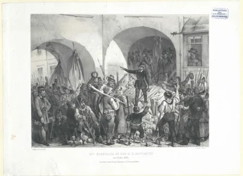 De barricade bij de k.k. universiteit op 26 mei 1848