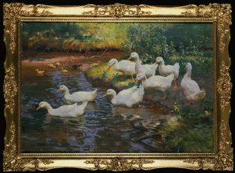 Eendenfamilie (Eenden met kuikens aan de oever)