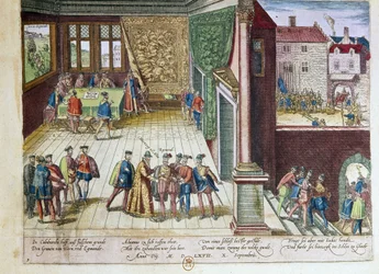 Arrestatie van Lamoral, graaf van Egmont (1522-1568) en Filips van Montmorency (1524-1568), graaf van Hornes (Hoorn) voor hun standpunt tegen koning Filips II van Spanje (1527-1598). Ze zullen worden geëxecuteerd in 1568 (rechtsboven) 1653