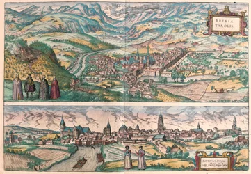 Brixen (Bressanone), Italië en Lauingen, Donau, Duitsland (gravure)