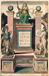 Frontispice van het eerste volume: allegorie van geografie, een vrouw met passer, vierkant en liniaal, boven een vrouwelijke soldaat en een naakte man
