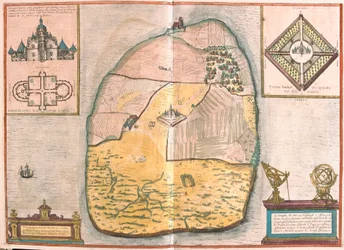 Eiland Ven en Uranienborg, het paleis en observatorium van Tycho Brahe gelegen op dit eiland, in de Sund (gravure)