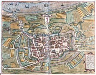 Stade gelegen aan de benedenloop van de Elbe, Duitsland (gravure)