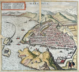 Zicht op Marseille in de 16e eeuw, met het ziekenhuis voor lepralijders linksonder, uit 