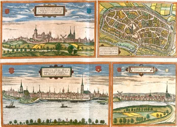 Gezichten en plannen van Kleef (Cliviam), Duisburg (Duisburgum), Emmerik aan de Rijn (Embrica) in Duitsland en Genappe in België
