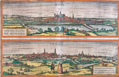 Gezichten van Mons (België) en Arras, Frankrijk (ets)