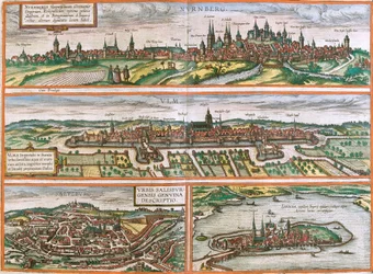 Gezichten van Neurenberg (Nurnberga), Ulm (Ulma), Lindau (Lindola), Duitsland en Salzburg (Salisburgensis) in Oostenrijk