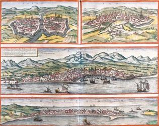 Gezichten van Parma (Parma), Siena (Sena), Palermo (Panhormus) en Trapani (Drepanum) (Sicilië), Italië