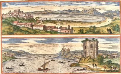 Uitzichten op Pozzoli (Puteoli) en Baiae (het huidige Baia), Italië, met de oude resten van de thermale baden van de Golf van Napels en een fort