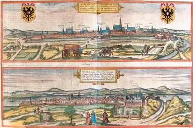 Gezichten van Wenen, Oostenrijk en Boedapest, Hongarije (ets)