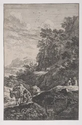 Boer die de hoef van zijn muilezel controleert bij een stroom, ca. 1700-25