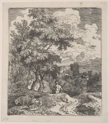 Plaat 3: een herder zittend op een heuvel, een koe en twee schapen links, en een stad rechts, ca. 1700-25