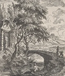 Plaat 7: twee figuren rechts op het punt een stenen brug over te steken, een visser op de voorgrond, ca. 1700-1725