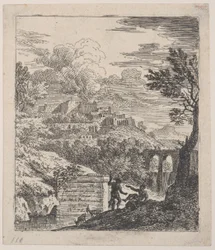 Twee herders rustend naast een voetstuk, een aquaduct rechts op de achtergrond, ca. 1700-25