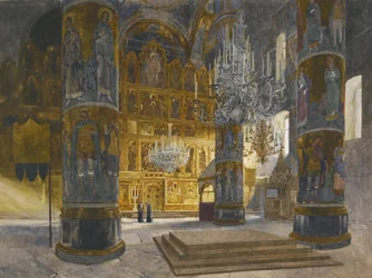Interieur van de Kathedraal van de Dormitie in het Kremlin van Moskou, 1898