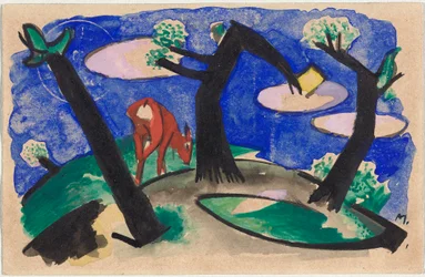 Landschap met rood dier, ansichtkaart van Sindelsdorf aan Alfred Kubin in Wernstein/Zwickledt