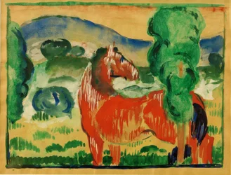 Rood paard in kleurrijk landschap