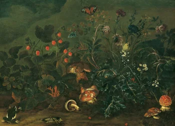 Gazon met aardbeien en vliegenzwam