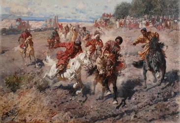 Tsjerkessen vieren het einde van Muharram met de ruitersport van de race om het prijslam, 1889