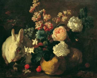 Stilleven met Konijn, Bloemen en Vruchten