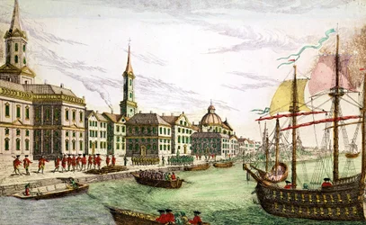 Ontscheping van de Engelse troepen in New York, 29 juni 1776 (gekleurde gravure)