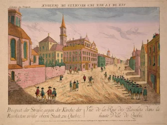 Vue de la Rue des Recolets de Quebec, gepubliceerd c.1770s (handgekleurde gravure)
