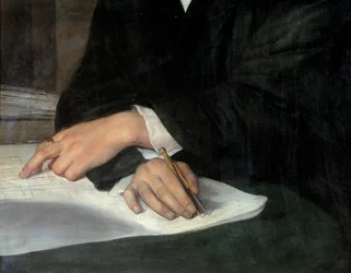 Portret van de architect Karl Berckmuller (1800-1879), detail van de gekruiste handen op het plan. Een van hen houdt een passer vast