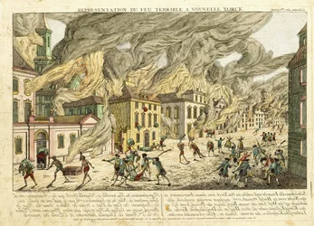 Uitzicht op New York tijdens de grote brand van 1776; Représentation du Feu Terrible à Nouvelle York, 1780