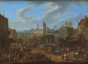 Jaarmarkt met tempel en meiboom