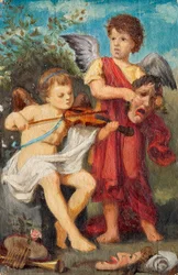 Muziekerende putti met maskers