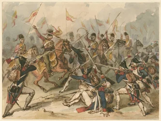 Franse infanterie en Russische huzaren in gevecht bij Austerlitz