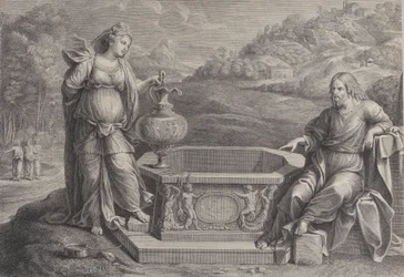 Christus, zittend rechts, en de vrouw van Samaria, staand links