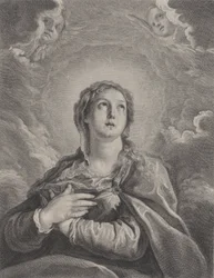 De Maagd, handen gevouwen op haar borst, omhoog kijkend, 1729-1740