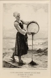 Een jonge Bretonse die boekweit wannen aan de kust, gegraveerd door Cadart in 1874