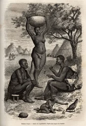 Typen en activiteiten van vrouwen Bongos (Centraal-Soedan), met hun metalen versieringen, bellen en nietjes die ze op hun oren en lippen zetten, gravure naar de tekening van Laguillermie, ter illustratie van de reis naar het hart van Afrika in 1868-1871, d